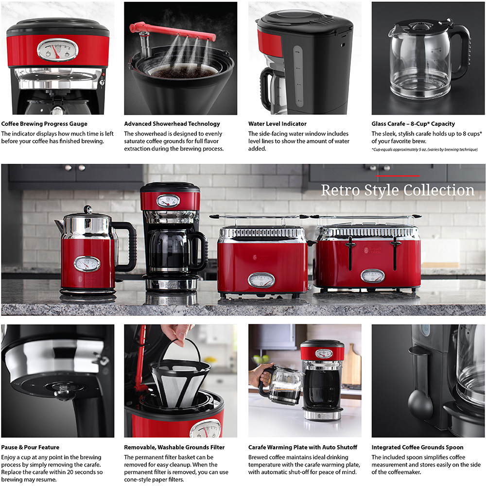 Russell Hobbs Retro Style 8Cup Red Stainless Steel Drip Coffee Maker CM3100RDR The Home Depot